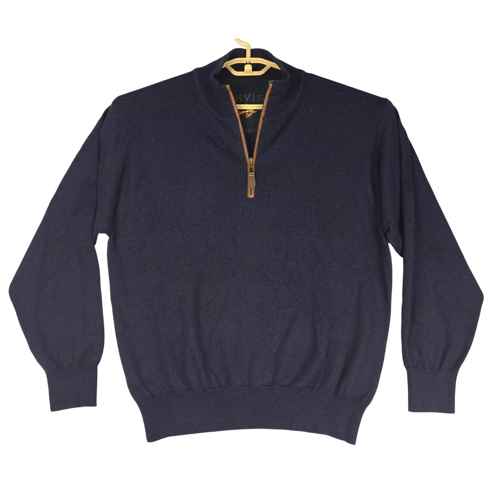 Orvis Mens Merino Wool Quarter Zip Pullover Sweater Navy Blue Large Logo Trim